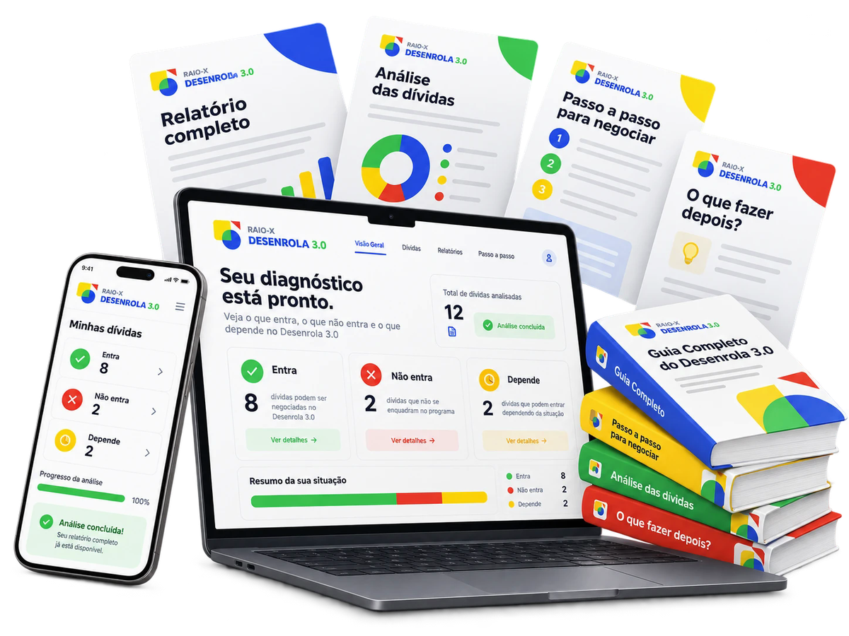 Relatório do Raio-X Desenrola 3.0 no computador e no celular, com os guias impressos